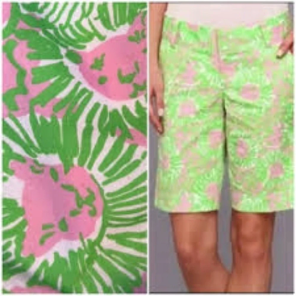 Lilly Pulitzer the chipper green pink lion low rise Bermuda 9.5” shorts